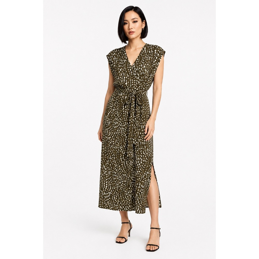 Nine Britton Mari V-Neck Midi Dress Olive‎ Abstract Animal Print Side Slit M NEW